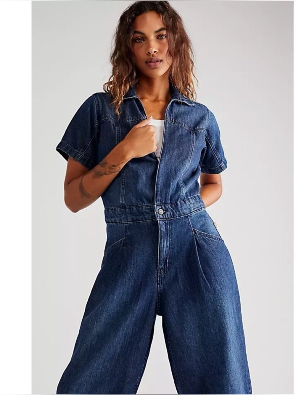 Free People We The Free Marla Trouser Denim Jumpsuit Size XS